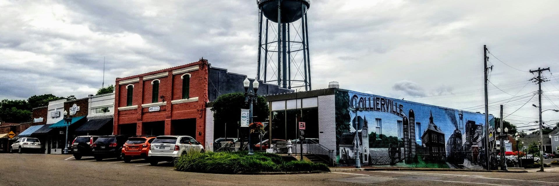 Historic downtown Collierville, Tennessee, with the town water tower and mural